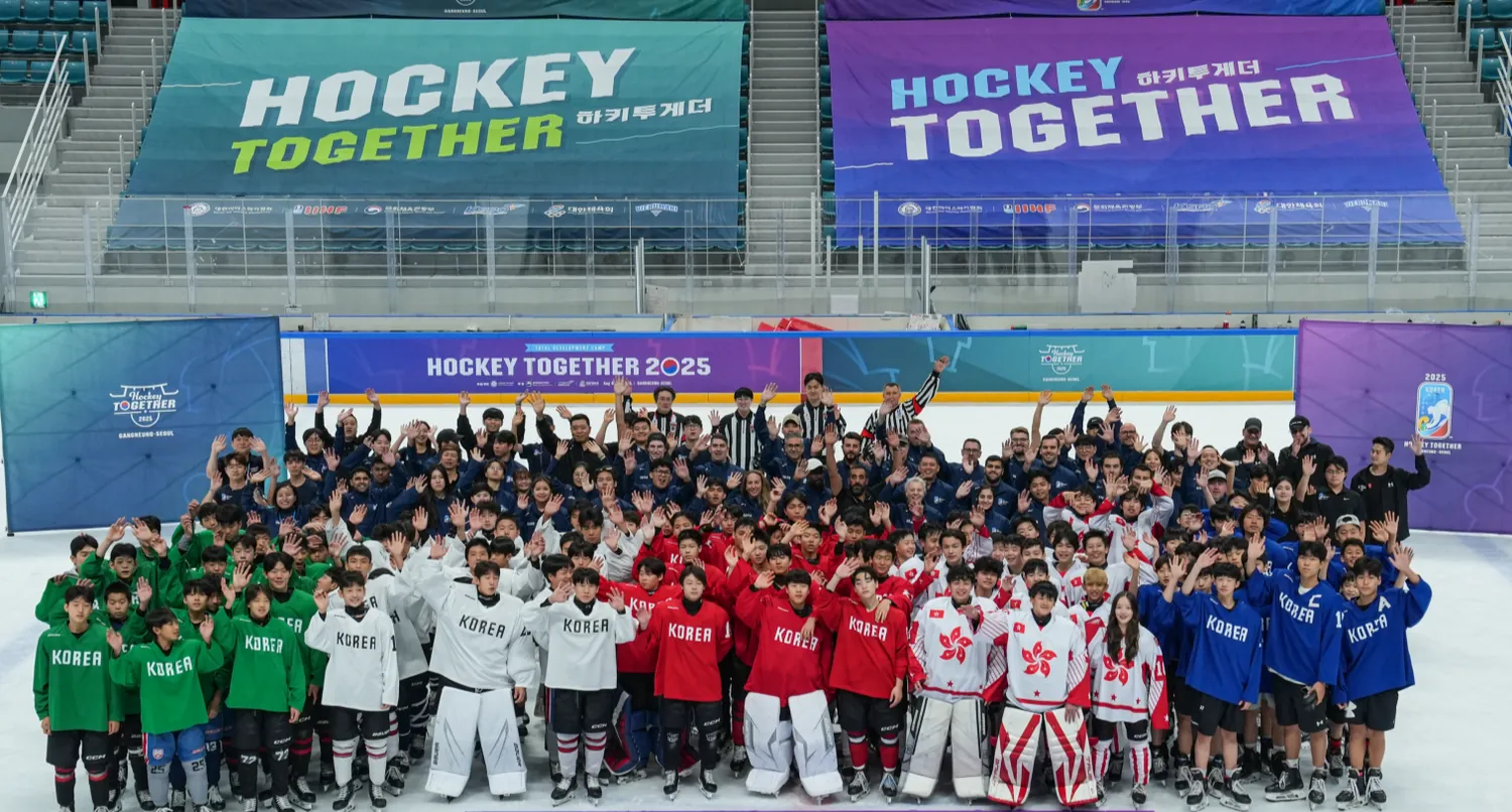 Participants of the Hockey Together 2025 development camp on the ice